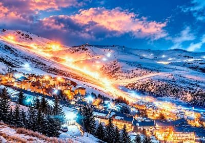 Vista de Pradollano y las pistas iluminadas de Sierra Nevada al anochecer.